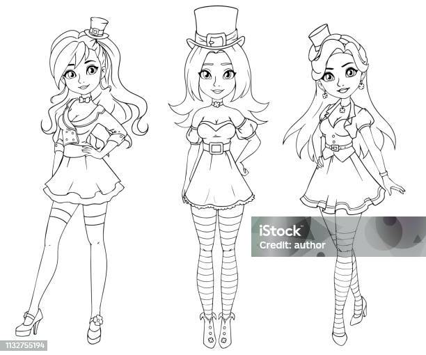 Set Of Three Pretty Girls Wearing St Patrick S Day Costume Stock Illustration - Download Image Now