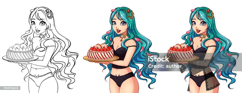Set of three cute cartoon girls contour art and colored . Set of three cute cartoon girls contour art and colored . Blue haired girl in black pijamas holding strawberry cake isolated on white background. Can be used for coloring book, game, card, magazine. Adult stock illustration