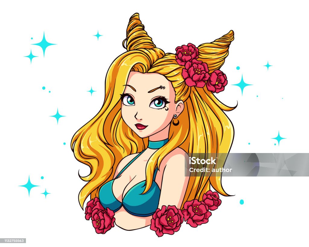 Pretty cartoon girl with wavy blonde hair, wearing blue swimsuit and wreath. Pretty cartoon girl with wavy black hair, wearing red swimsuit and wreath. Hand drawn vector illustration. Can be used for coloring book, prints, tattoo, cards, games, fashion magazines etc. Adult stock vector