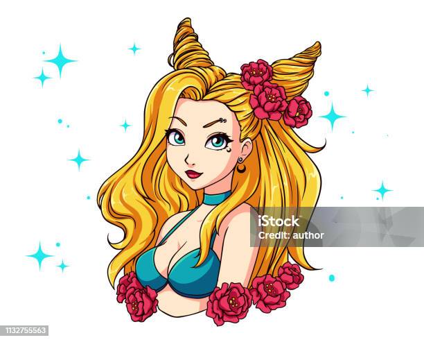 Pretty Cartoon Girl With Wavy Blonde Hair Wearing Blue Swimsuit And Wreath Stock Illustration - Download Image Now