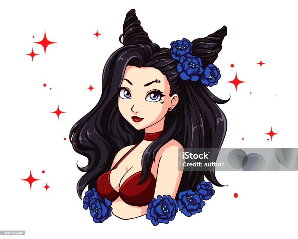 Pretty cartoon girl with wavy black hair, wearing red swimsuit and wreath. Pretty cartoon girl with wavy black hair, wearing red swimsuit and wreath. Hand drawn vector illustration. Can be used for coloring book, prints, tattoo, cards, games, fashion magazines etc. Adult stock vector