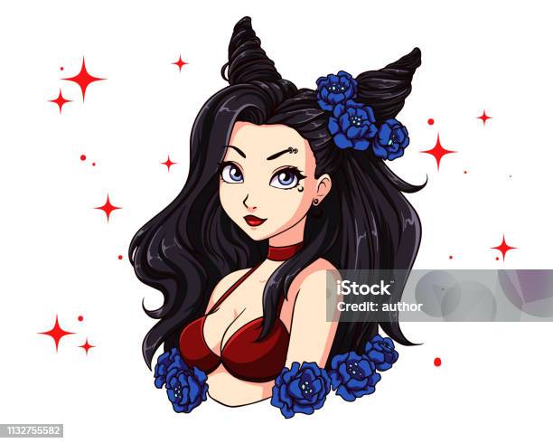 Pretty Cartoon Girl With Wavy Black Hair Wearing Red Swimsuit And Wreath Stock Illustration - Download Image Now