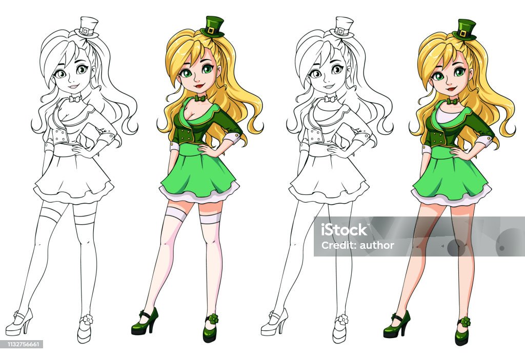 Pretty cartoon girl with blonde hair wearing leprechaun costume. Pretty cartoon girl with blonde hair wearing leprechaun costume. Young woman and teenage versions. Hand drawn vector illustration. Book stock vector