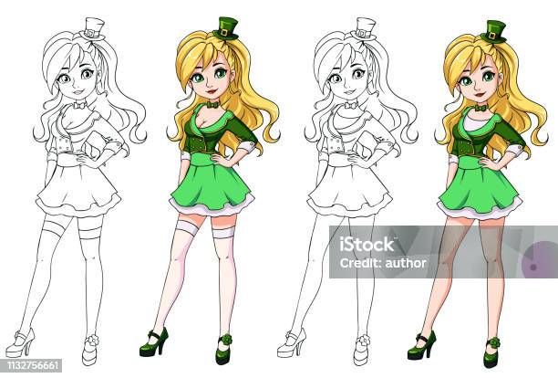 Pretty Cartoon Girl With Blonde Hair Wearing Leprechaun Costume Stock Illustration - Download Image Now