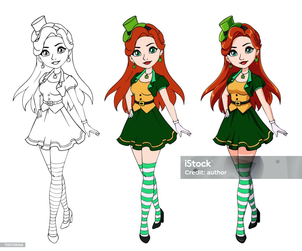 Cute cartoon girl wearing St. Patrick s day costume. Cute cartoon girl wearing St. Patrick s day costume. Contour, flat colors, fullcolored. Red hair, green dress. Hand drawn vector illustration for coloring book, children games, paper doll, cards etc. Leprechaun stock vector