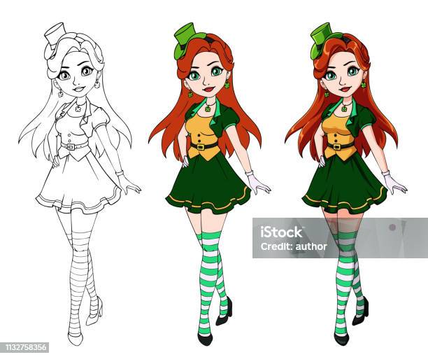 Cute Cartoon Girl Wearing St Patrick S Day Costume Stock Illustration - Download Image Now