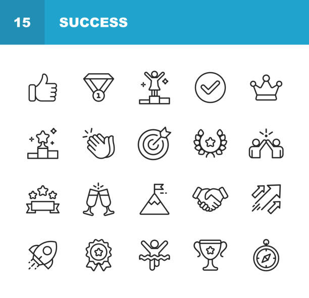 Success and Awards Line Icons. Editable Stroke. Pixel Perfect. For Mobile and Web. Contains such icons as Winning, Teamwork, First Place, Celebration, Rocket. 20 Success Outline Icons. determination stock illustrations