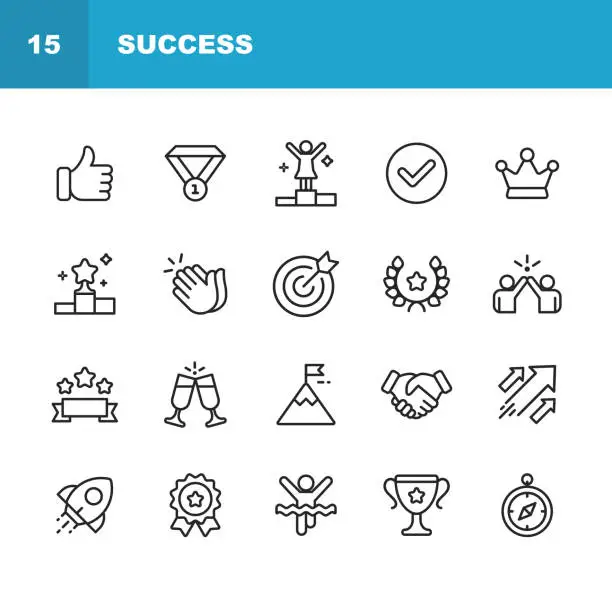 Vector illustration of Success and Awards Line Icons. Editable Stroke. Pixel Perfect. For Mobile and Web. Contains such icons as Winning, Teamwork, First Place, Celebration, Rocket.