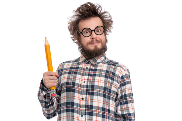 istock Crazy bearded man with big pencil 1132759050