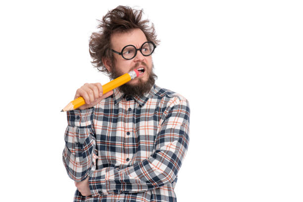 crazy bearded man with big pencil - business men humor macho imagens e fotografias de stock