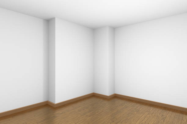 istock Empty white room corner with brown wooden parquet floor 1132762991