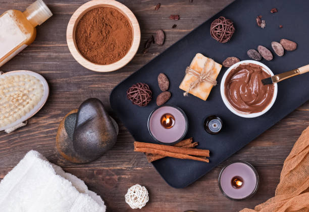 istock Chocolate spa set on the wooden background, top view. 1132763471