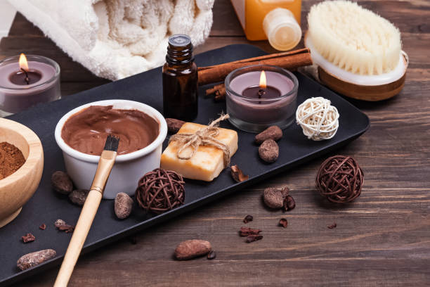 istock Chocolate spa set on the wooden background, close-up. 1132763474