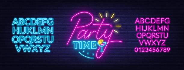 ilustrações de stock, clip art, desenhos animados e ícones de party time neon lettering in retro style. - invitation blue old fashioned contemporary