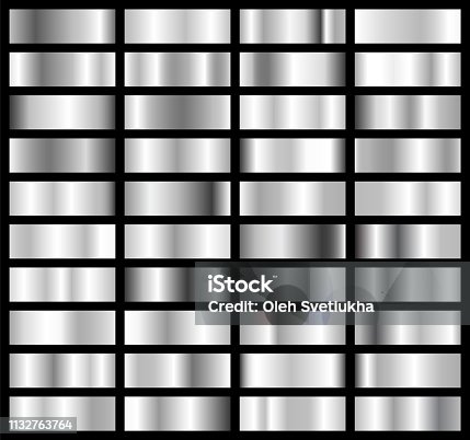 istock Collection of silver, chrome metallic gradient. Brilliant plates with silver effect. Vector illustration 1132763764