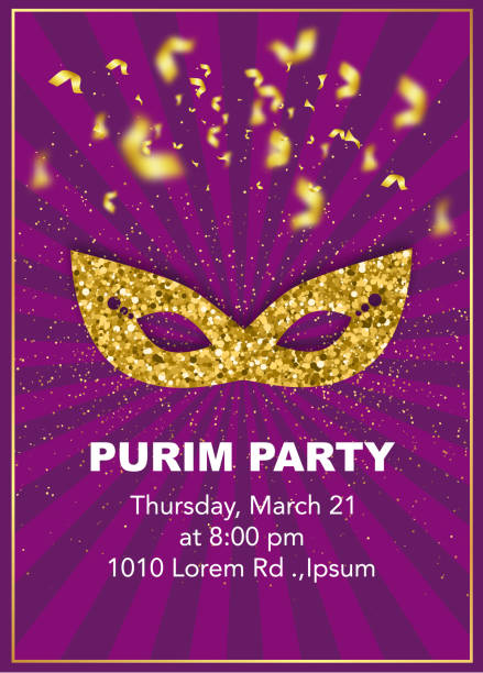 Happy Purim, jewish celebration party invitation. Carnival mask made of gold glitter, flying confetti and text on starburst purple background. Carnival mask made of gold glitter, flying confetti and text on starburst purple background. Happy Purim, jewish celebration party invitation. mardi gras flyer stock illustrations