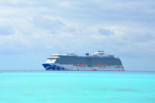ELEUTHERA, BAHAMAS - MARCH 21, 2017 : View from Princess Cays on Royal Princess ship anchored at sea. Royal Princess is operated by Princess Cruises line and has a capacity of 3600 passengers