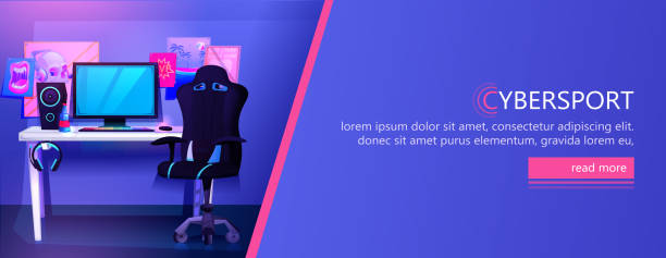 istock ESports interior banner. Workplace cyber sportsman gamer. A desk with a computer and headphones and a mouse with light and a gamers chair. Vector cartoon illustration 1132767586