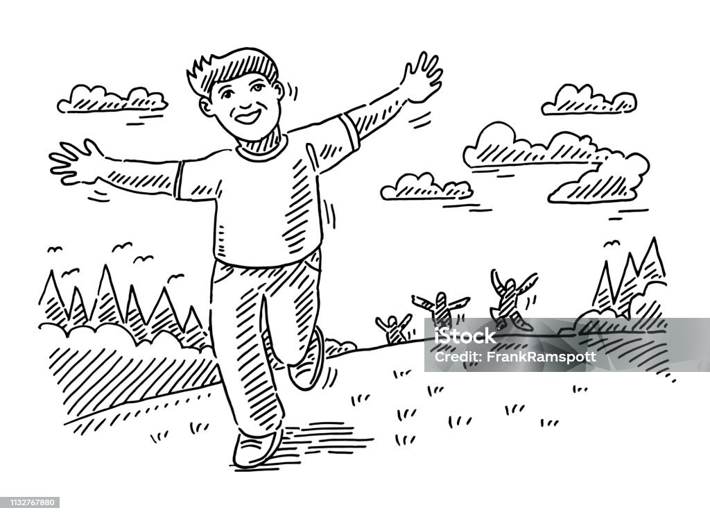 Happy Children Running Outdoors Drawing Hand-drawn vector drawing of Happy Children Running Outdoors. Black-and-White sketch on a transparent background (.eps-file). Included files are EPS (v10) and Hi-Res JPG. Child stock vector