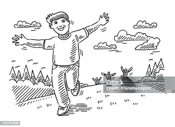 Happy Children Running Outdoors Drawing Stock Illustration - Download Image Now - Child, Public Park, Sketch