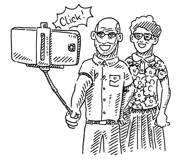 Senior Couple Taking A Selfie Drawing Hand-drawn vector drawing of a Senior Couple Taking A Selfie with a Selfie Stick. Black-and-White sketch on a transparent background (.eps-file). Included files are EPS (v10) and Hi-Res JPG. black and white eyeglasses clip art stock illustrations