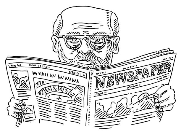 seniorenmensch mit brille liest zeitungsziehen - newspaper doodle the media line art stock-grafiken, -clipart, -cartoons und -symbole