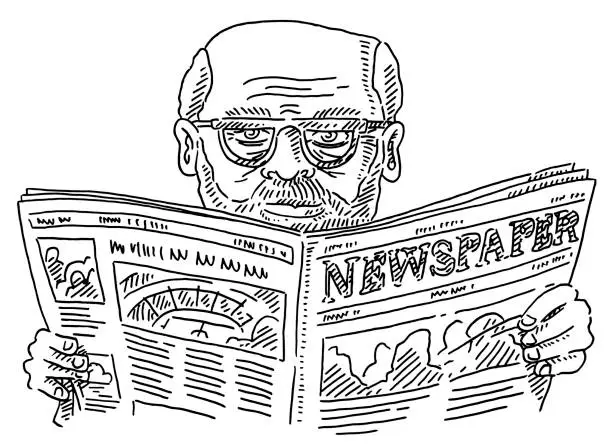 Vector illustration of Senior Man With Glasses Reading Newspaper Drawing