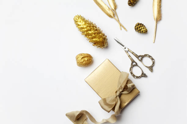 istock Christmas composition. christmas golden decorations on light background. Top view, flat lay 1132768023