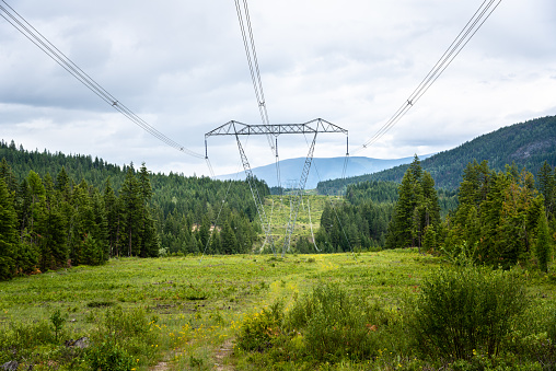 View of Electricity Pylons supporting High Voltage Power Lines in the Mountains on a Cloudy Summer Day. British Columbia, Canada.