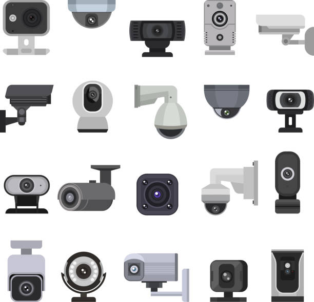 безопасность камеры вектор видеонаблюдения контроля безопасности видео защиты технологий - камера слежения иллюстрации stock illustrations
