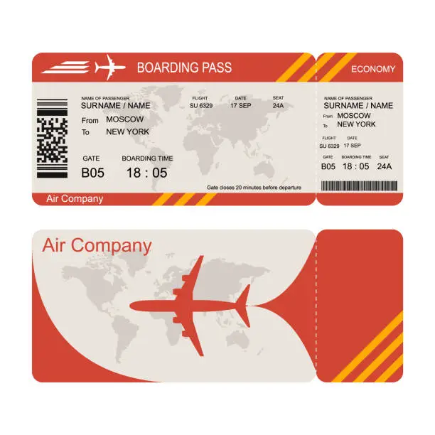 Vector illustration of Plane ticket template. Air economy flight.