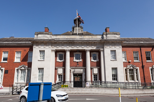 Facade of old grand imposing buildings on the high street. Spring day. Billericay, Essex, United Kingdom, April 12, 2020