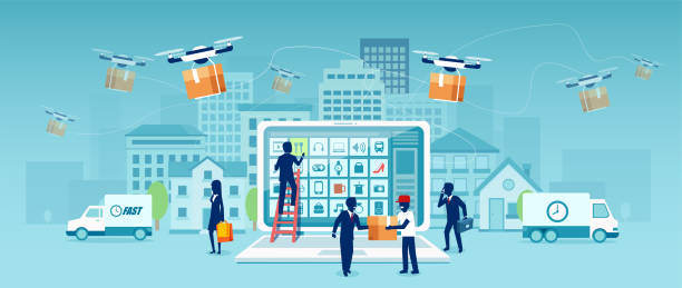 illustrations, cliparts, dessins animés et icônes de vecteur de gens magasinez en ligne avec le drone, fourgon de livraison de courier livrant la marchandise - drone futuristic