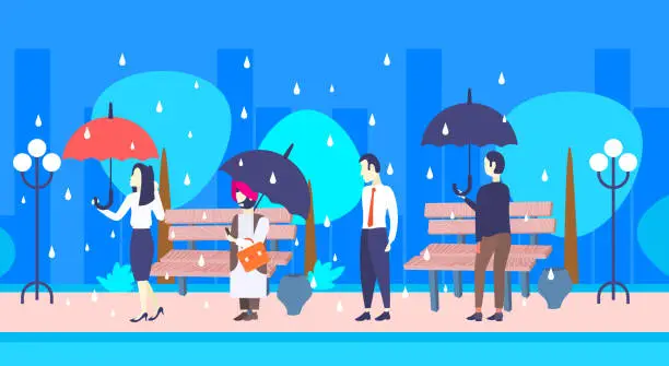 Vector illustration of mix race businesspeople holding umbrella unprotected businessman under rain protection concept male female characters full length urban park cityscape flat horizontal