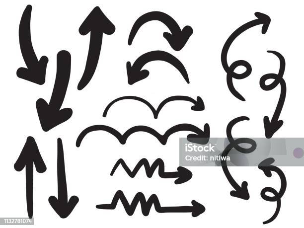 Isolated Big Bold Black Ink Brush Childish Hand Drawn Arrows Set Element For Background Note Texture Etc Vector Design Stock Illustration - Download Image Now