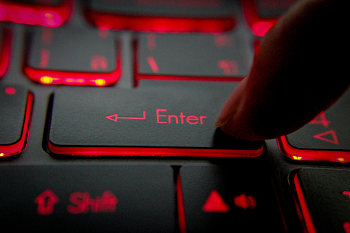 Del Button Computer Hand Pressing Backspace Del Button On Computer And Red Led Image Stock ...