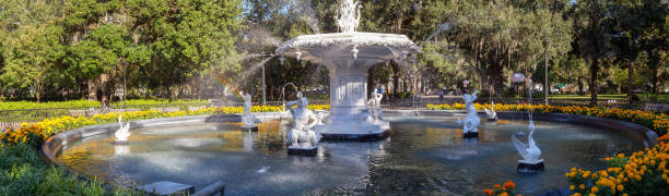 Savannah, Georgia, United States - October 30, 2018: Beautiful view of a Fountain at Forsyth Park during a sunny day.
