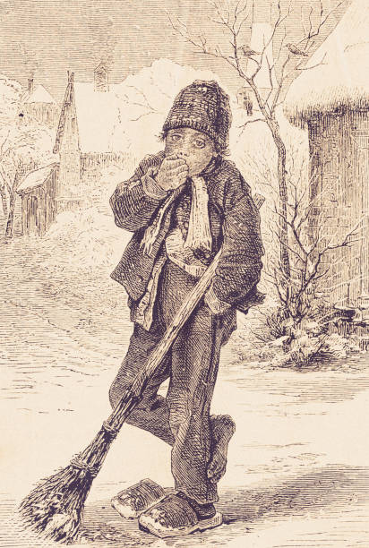 history, vintage, illustration, retro style,  19th Century Style, old, Boy, snow removal,