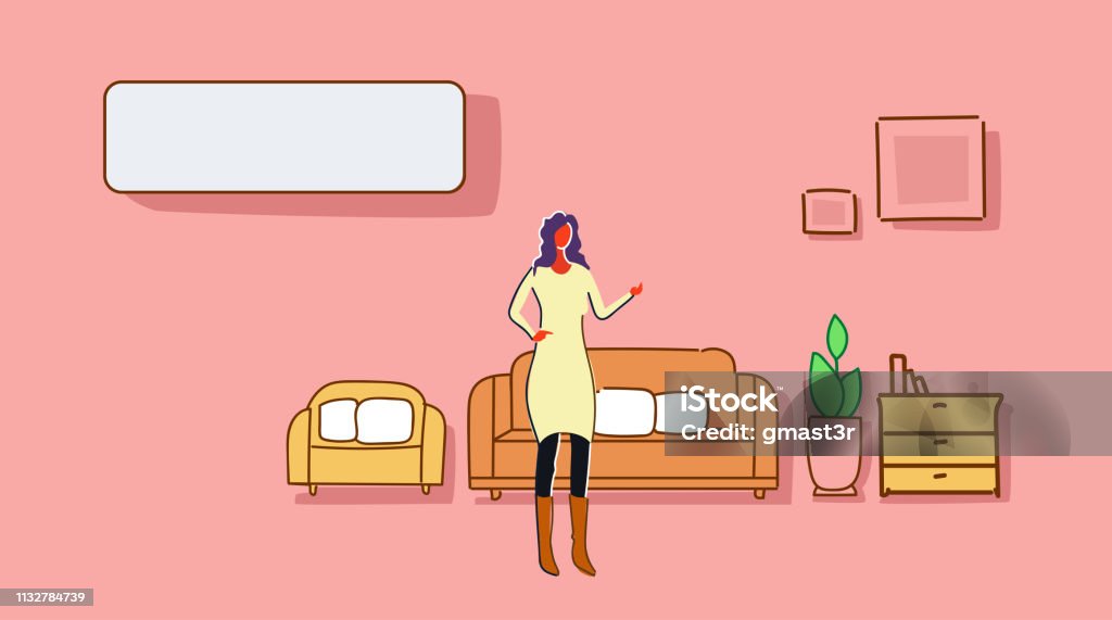 woman standing living room modern apartment furniture house interior colorful sketch doodle empty copy space horizontal woman standing living room modern apartment furniture house interior colorful sketch doodle empty copy space horizontal vector illustration Adult stock vector