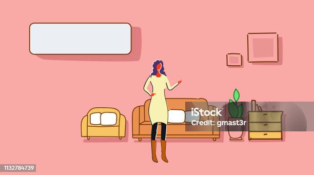 Woman Standing Living Room Modern Apartment Furniture House Interior Colorful Sketch Doodle Empty Copy Space Horizontal Stock Illustration - Download Image Now