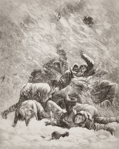 history, vintage, illustration, retro style,  19th Century Style, old, storm,  Great St. Bernhard, blizzard,