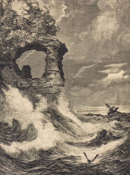 illustrazioni stock, clip art, cartoni animati e icone di tendenza di la chapel rock sul lago superiore (canada). - storm sailing ship sea shipwreck
