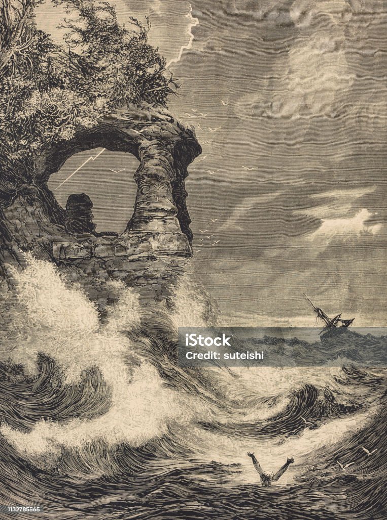 The Chapel Rock at Lake Superior (Canada). sailor, history, vintage, illustration, retro style,  19th Century Style, old, sailing ship, storm, flash, wreck, Lake Superior, Canada Engraved Image stock illustration