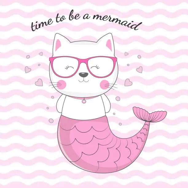 Vector illustration of Hand drawn beautiful funny cat mermaid in glasses on a Isolated pink background.