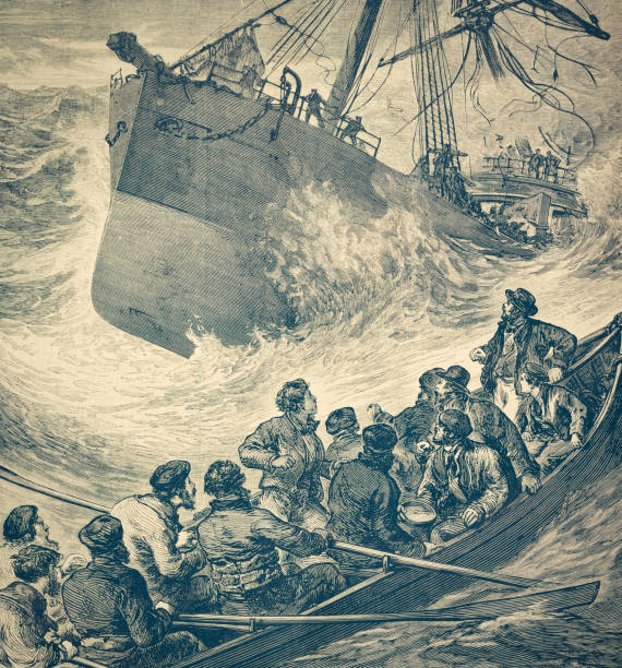 ilustraciones, imágenes clip art, dibujos animados e iconos de stock de el hundimiento de la vaporera la plata, en la bahía de vizcaya. - storm sailing ship sea shipwreck