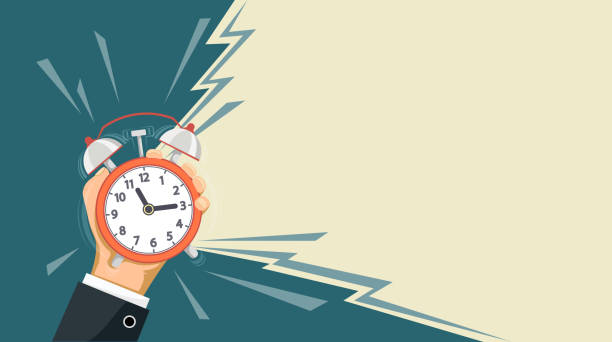ilustraciones, imágenes clip art, dibujos animados e iconos de stock de reloj despertador está en la mano de un hombre - clock time alarm clock urgency