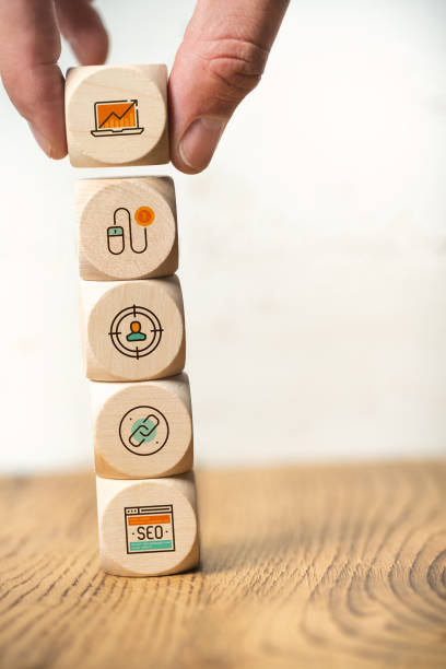 SEO strategy with components for successful marketing as icons on cubes
