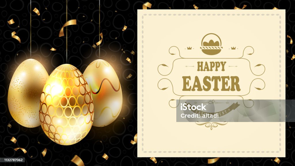 Easter black composition with a silhouette of eggs of gold color and a square light frame, Easter black composition with a silhouette of eggs of gold color and a square light frame, a postcard. Basket stock vector