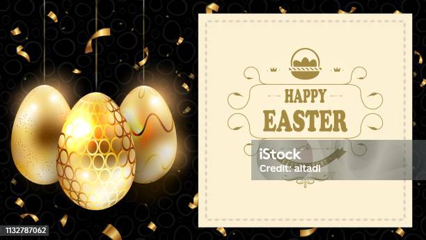 Easter Black Composition With A Silhouette Of Eggs Of Gold Color And A Square Light Frame Stock Illustration - Download Image Now