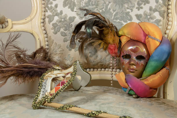 istock Different styles of carnival masks on Rococo shepherdess 1132788638